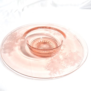 Vintage Pink Depression Glass Console Bowl with Etched Flowers, 1930s-40s image 1