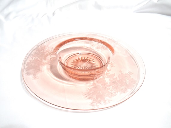 Vintage Pink Depression Glass Console Bowl with Etched Flowers, 1930s-40s
