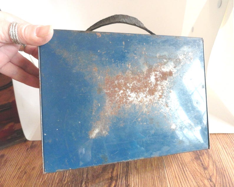 Vintage Blue Metal Lunchbox, Child's, Thermos, 1920s-40s image 7