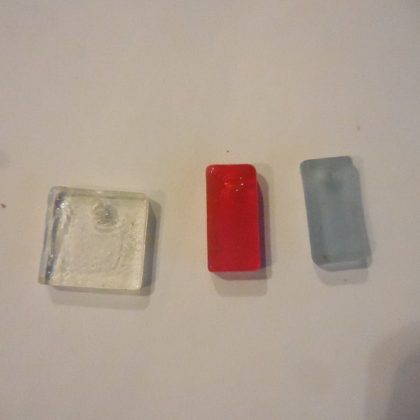 Vintage 3 Flat Shaped Glass Drilled Jewelry Supplies Focal Beads NOS Small Light Blue/Red/Clear Square/Rectangle Shape Dangles