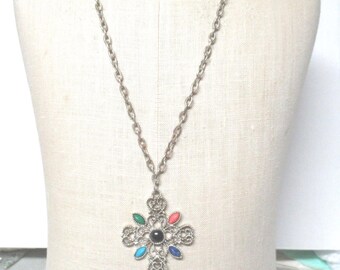Vintage Avon Cross Necklace, Silver Tone Filigree, 1970s Retro