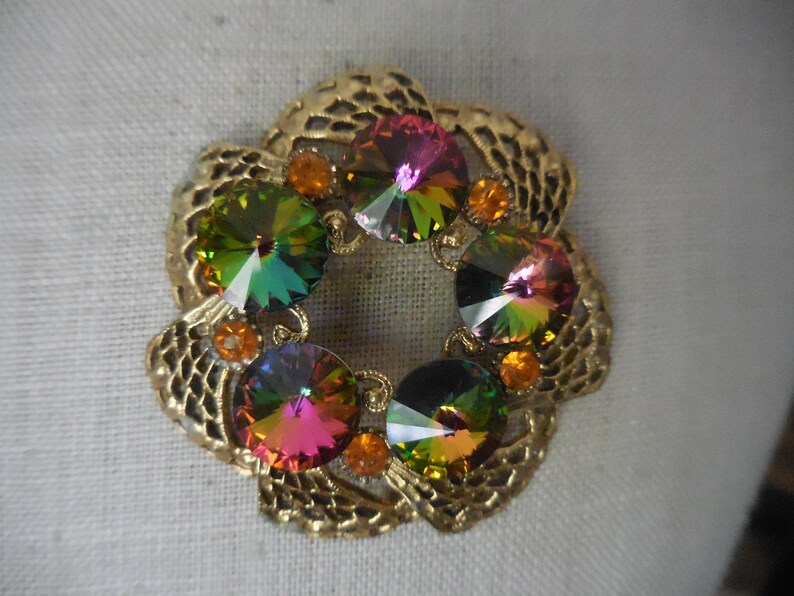 Vintage 1950s to 1960s Iridescent Round Rivoli Beads PinBrooch Gold Tone Colorful Carnival Glass Look Beaded Round Orange Rhinestones