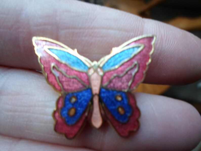 Vintage Women's Small Cloisonne Butterfly Pin Colorful Brooch Gold Tone Blue/Red/Green Insect Ladies Gift Girl's Gift 1970s 1980s image 3