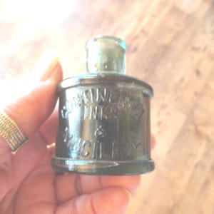 Antique Continental Inks Bottle Ink Well Bottle Cork Top Mucilage 1880s Aqua Glass Embossed Collectible