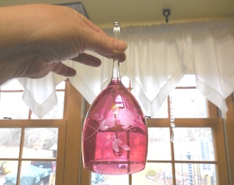 Vintage Cranberry Glass Bell, Etched Flowers, 1960s-80s Home Decor