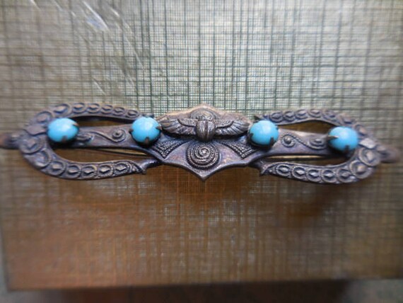 Vintage Egyptian Revival Turquoise Glass Pin Flyi… - image 2