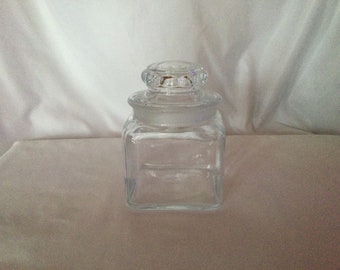 Vintage Square Clear Glass Jar Small Ground Lid 1930s to 1950s Small Storage Stopper Bathroom Decor Display