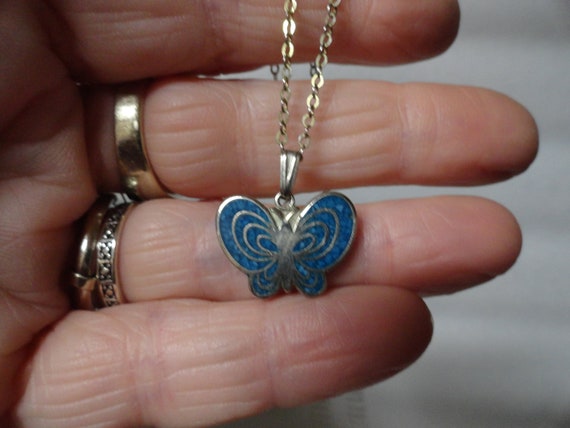Vintage Girl's Inlay Chipped Turquoise Butterfly … - image 1