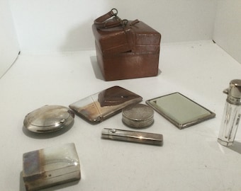 Antique Women's Silver Toiletry Set Leather Case English Edwards & Sons Birmingham Toiletries England Silver Complete Set 1900s