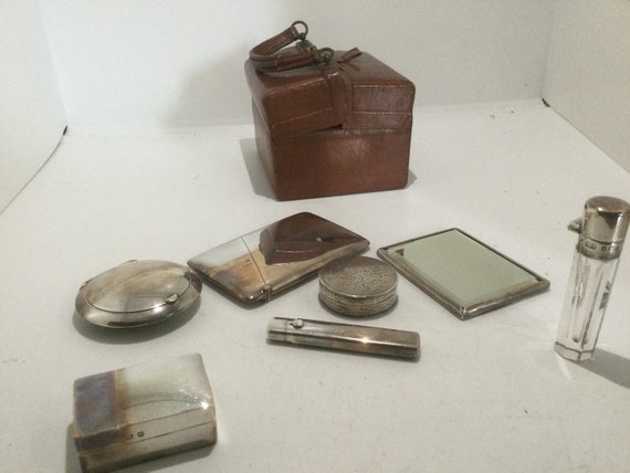 Antique Women's Silver Toiletry Set Leather Case … - image 1