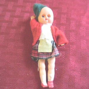 Vintage Sleepy Eyes Plastic Doll Clothed Girl Skirt & Hat Small Little Mini Swing 1950s 1960s Arms and Legs Made in Hong Kong Retro