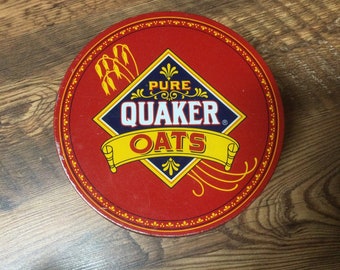 Vintage Pure Quaker Oats Tin Metal Storage Kitchen Decor 1983 Collectible Round Red Blue White Yellow Cylindrical 1980s