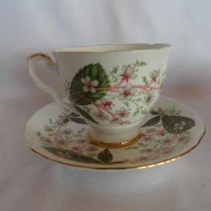 Vintage Royal Stafford Teacup & Saucer Set Bone China Made in England Light Pink Small Flowers Gold Trim Green Leaves Display image 2