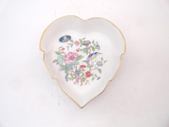 Vintage Aynsley Pembroke Dish, Heart Shape Trinket, Floral Bone China, Blue Bird