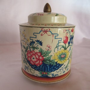 Vintage Asian Inspired Tin Murray-Allen Decorative Tin Small Embossed Flowers Lidded Green Teal Round Canister Floral Small Storage 1960s 70 image 2