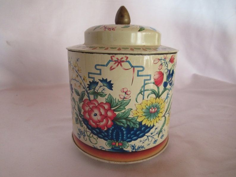 Vintage Asian Inspired Tin Murray-Allen Decorative Tin Small Embossed Flowers Lidded Green Teal Round Canister Floral Small Storage 1960s 70 image 2