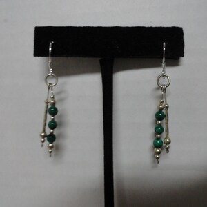 Vintage Women's Sterling Silver & Malachite Stone Earrings Beaded 1980s 1990s Pierced Lightweight Twisted Silver Ladies Gift image 6