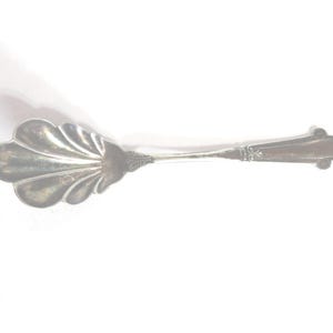 May include: A silver-colored serving spoon with a shell-shaped bowl and a decorative handle. The spoon has a detailed design on the handle and a smooth, polished finish. The spoon is likely vintage and suitable for serving. The spoon is approximately 7 inches long.