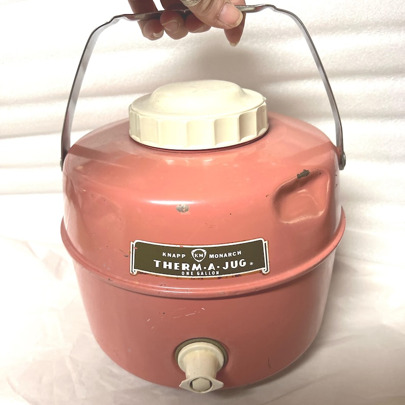 Vintage Pink Thermal 1 Gallon Jug Cooler, Liquid Metal, Porcelain & Plastic, Surface Rust, Dents image 7