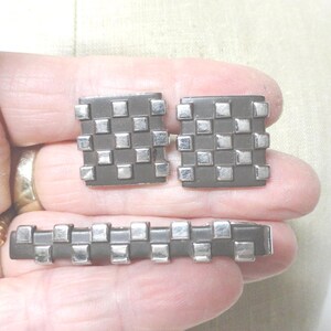 Vintage Anson Cufflinks & Tie Clip Set Square Silver, Black Checkered Cuff Links Suit Tie Accessories Men&#39;s Gift Man&#39;s Gift