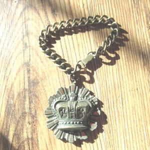 Vintage Maltese Cross Bracelet Fleur De Lis Crown Large Links Round Embossed Charm Retro Antiqued Gold Ton 1960s 1970s