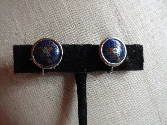 Vintage Women's Small Blue & Silver Earrings Roun… - image 2