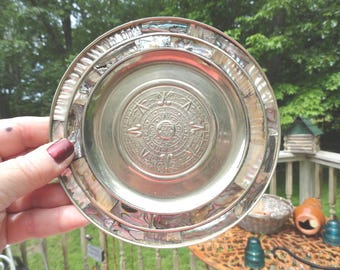 Vintage Aztec Calendar Wall Hanging, Mexican, Small, Alpaca Silver, 1970s-90s