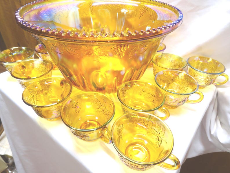 Vintage Indiana Glass Harvest Punch Bowl Set, Carnival Glass, No Ladle image 9
