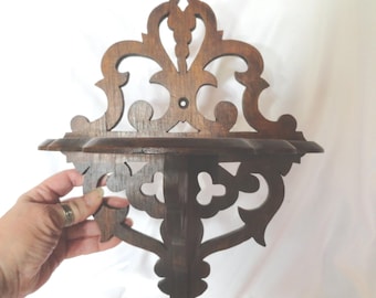 Vintage Small Wooden Fretwork Shelf, Dark, Lightweight, Home Decor
