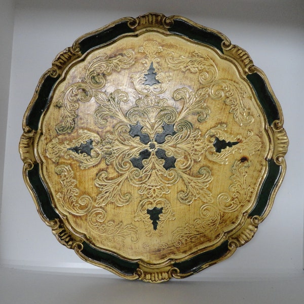 Vintage Gold & Dark Green Round Florentine Tray Decorative Tray Made in Italy Carved Wood Design 1970s Italian Decor Wooden Display