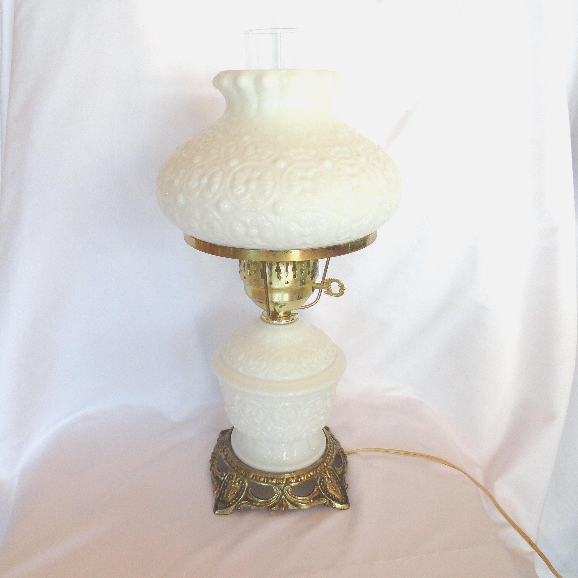 Vintage Milk Glass Lamp Embossed Flowered Gold Tone Hardware
