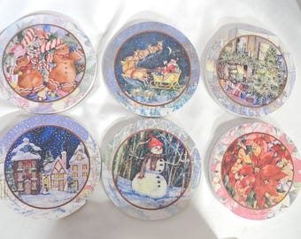 Vintage Christmas Coasters, Set of 6, Absorbent Cork Bottoms