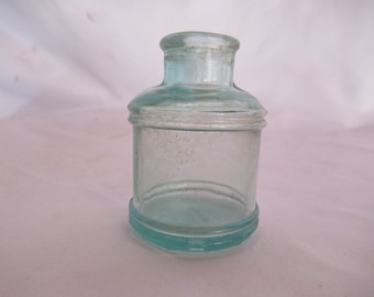 Antique Aqua Glass Ink Bottle Barrel Style Cork Top Inkwell Jar Embossed Lettering Desk Accessory P. B. Co. Embossed on Bottom 1880s 1900s