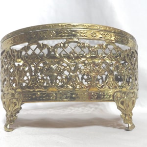 Vintage Gold Filigree Jewelry Box, Half Round Hinged Glass Lid