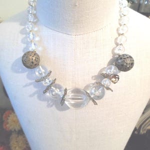 Vintage Lucite Necklace Big Beads Large Brass Filigree Spacers 1940s to 1960s Bold Thick Statement Women&#39;s Gift