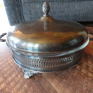 Vintage Sheffield Silver Co. Divided Glasbake Dish Insert Cover Footed Base Handles 1930s to 1950s Entertaining Dinners Display Serving