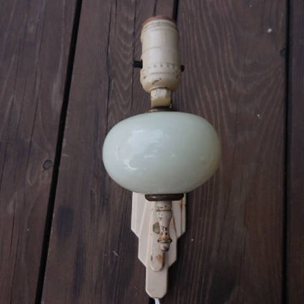 Vintage Art Deco Off White Beige Wall Sconce Light Foxcraft Fox Products Metal & White Glass Globe Retro Electric 1930s to 1950s