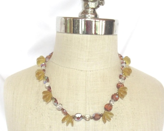 Vintage Brown AB Glass Bead Necklace, Yellow Plastic Accents, 1950s