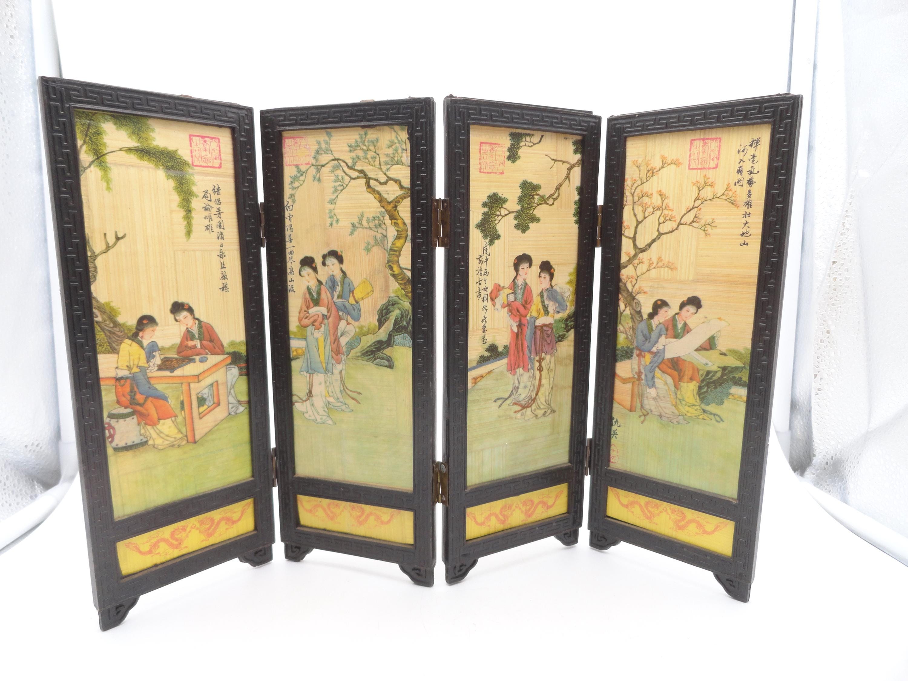 Vintage Asian Miniature Folding Screen, Room Divider, Tabletop