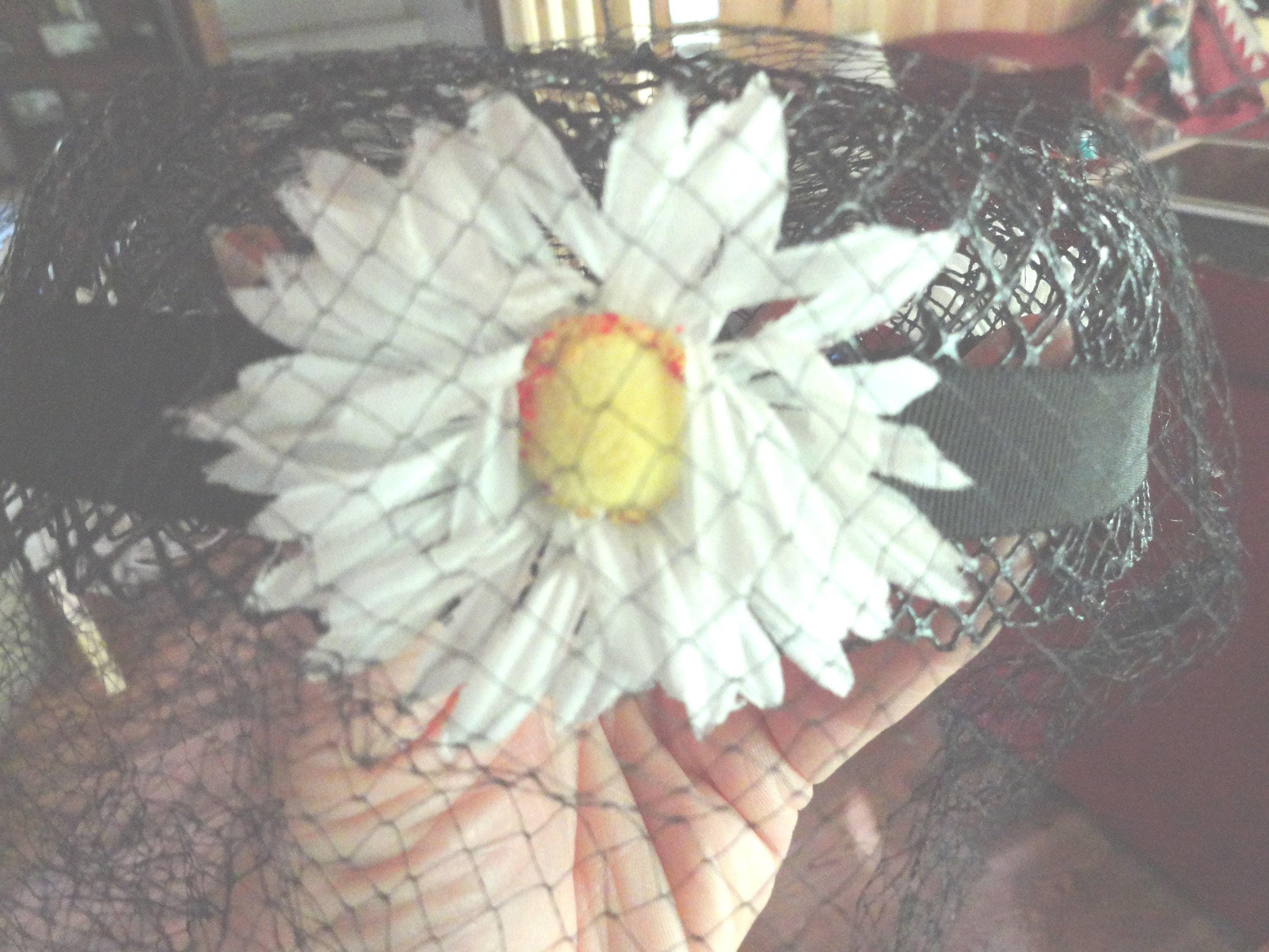 SALE Vintage Wide Brim Black Hat with Hidden White Daisy Swag Vintage Black Hat With White Daisy Flowers, Netting & 2  main image 3