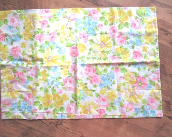 Vintage Floral Pillowcase, Bright Flowers, Standard, 1960s-70s