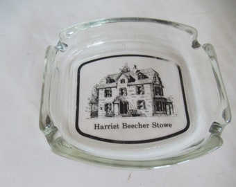 Vintage Ashtray Mark Twain Memorial or Harriet Beecher Stowe Glass Ashtray Black Pictures Souvenirs American History 1950s 1960s