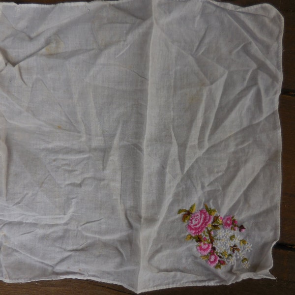 Vintage Women's Embroidered Handkerchief Pink Roses Something Old 1950s 1960s Small Reusable Cotton Hanky