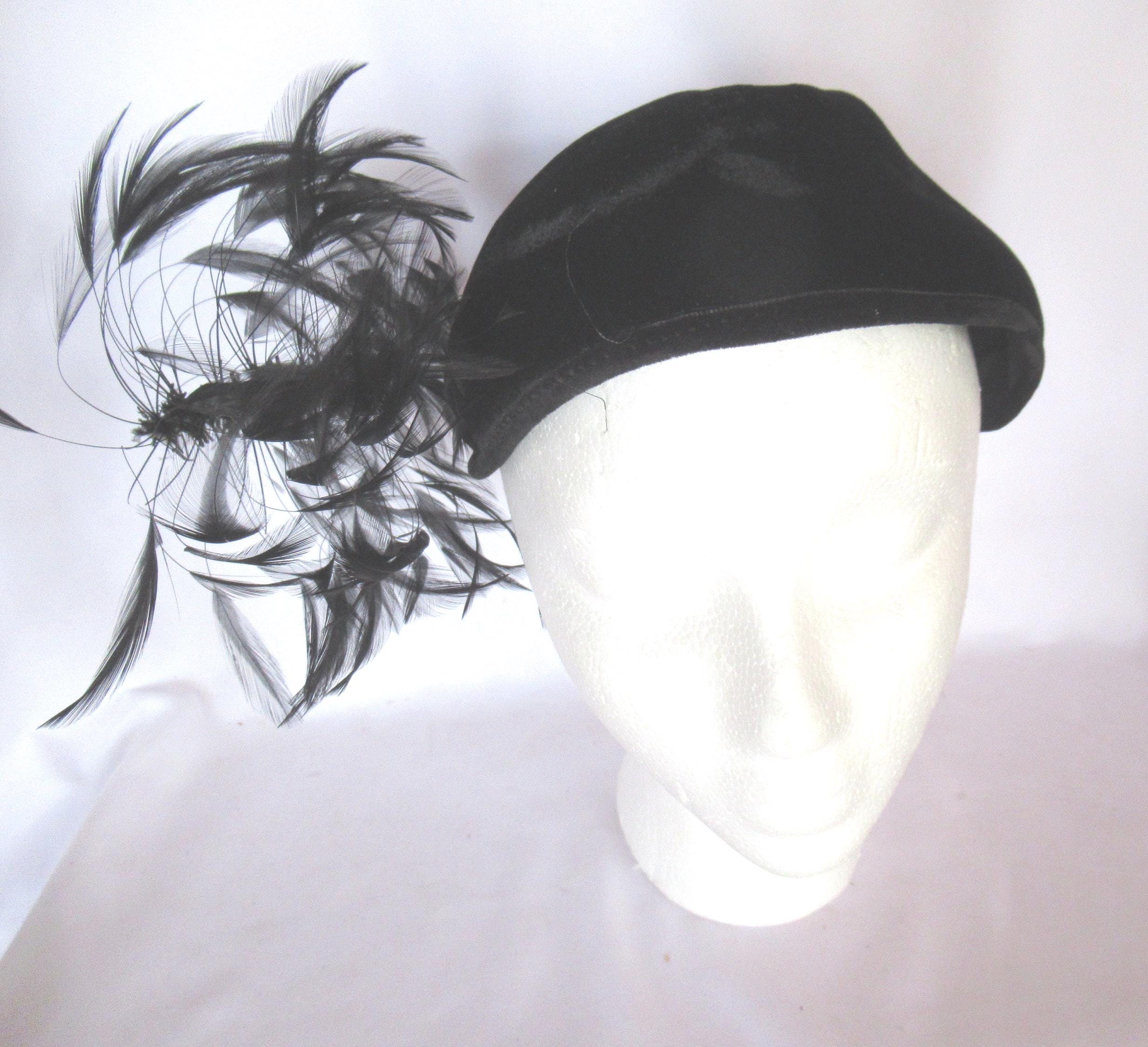 Vintage Black Velvet Feather Fascinator Hat White Derby Mid Century Glamour kentucky derby hat fascinator white satin with netting and  main image 4