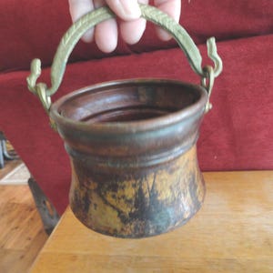 Vintage Turkish Copper & Brass Pot with Handle, Small Planter, Black Accents, 1970s-90s