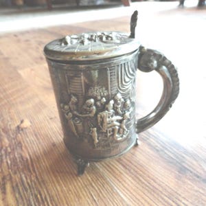 Vintage Hans Jensen Silver Plated Miniature Stein, Alpacca Tiny Tankard, Embossed Scene with Hinged Lid, 1940s, Home Decor,