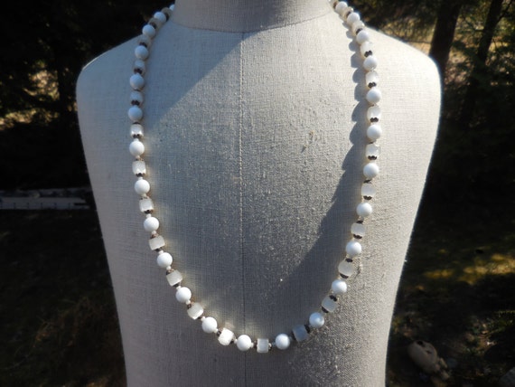 Vintage Women's White Glass Necklace Long Beaded … - image 1