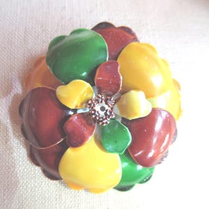 Vintage Enamel Flower Pin Large Tricolor Brooch Brown Green 1960s 1970s Yellow Large Flower Power Metal Retro
