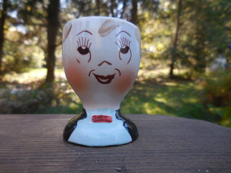 Vintage 1950s to 1960s Egg CoddlerHolder Mans Face with Bow Tie Butler Like Made in Japan Ceramic Kitschy Kitchen Retro