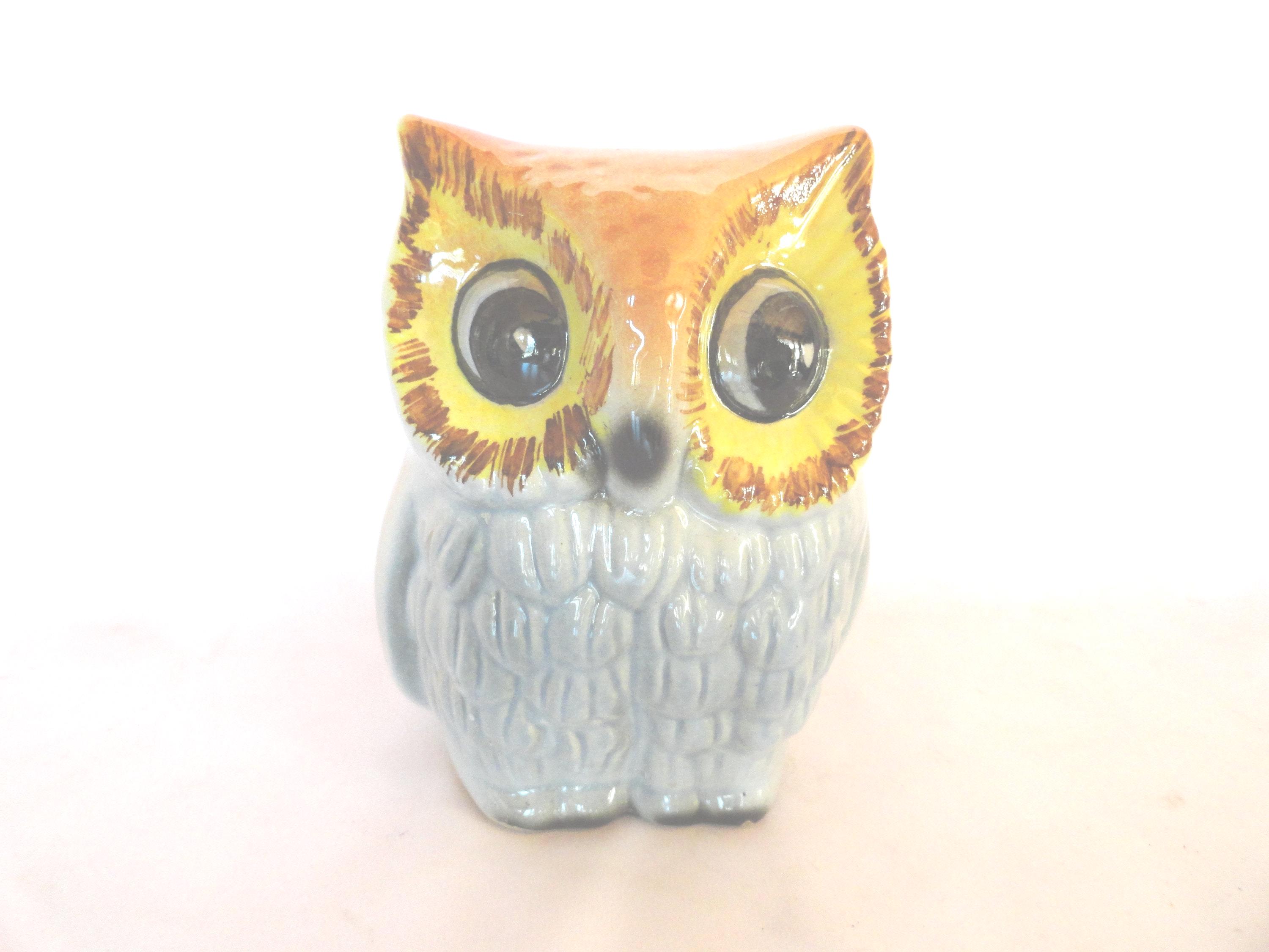 Vintage Owl Ceramic Coin Bank, Figurine, Brown, Yellow, 1970s